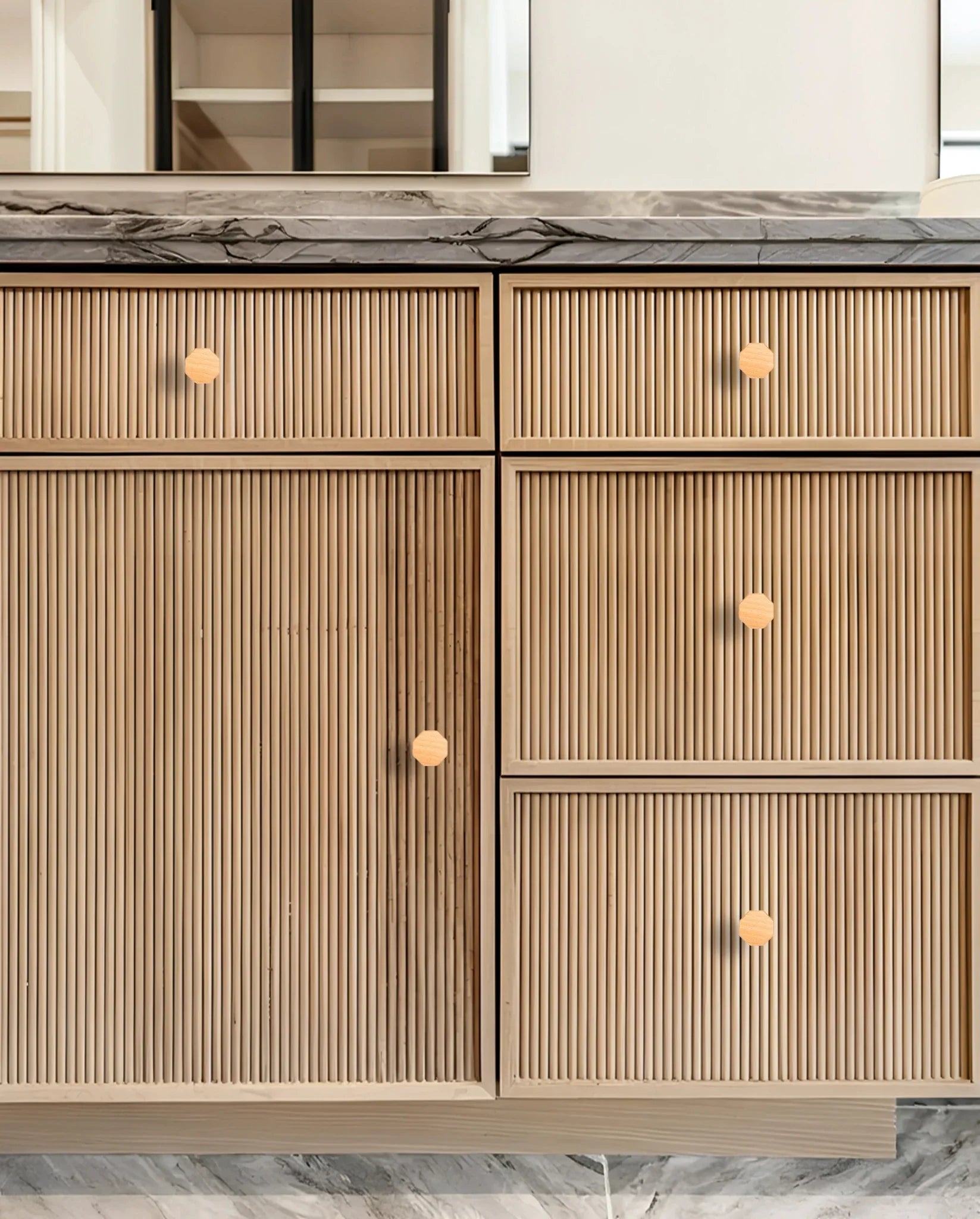Mantara Thorne Knob W-0056 is a modern beech wood knob with brushed finish, ideal for kitchen and dresser drawers.