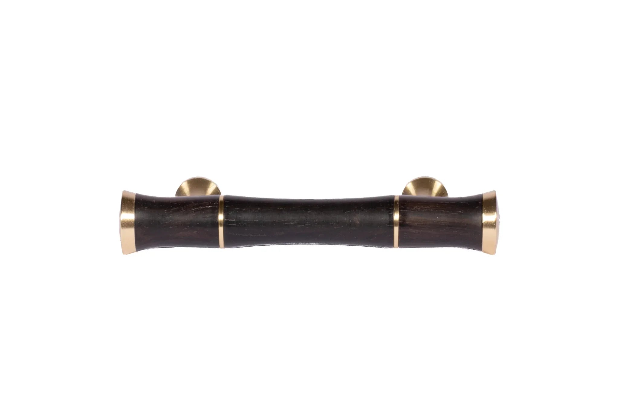 Mantara Titus Handle W-0019 is a modern brass and wood handle in black brushed finish, ideal for kitchen drawers and dresser drawers.