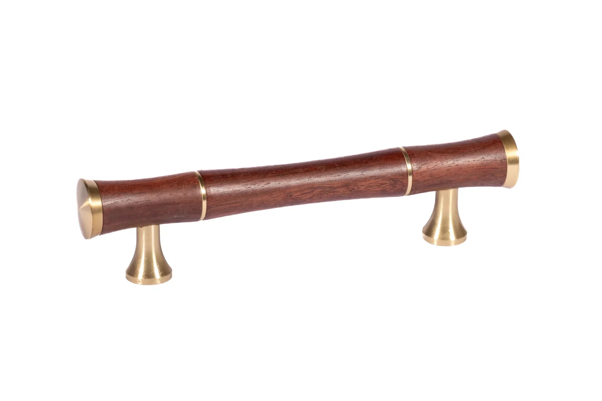 Mantara Titus Handle W-0019 is a modern brass and wood handle in brown brushed finish, ideal for kitchen drawers and dresser drawers.