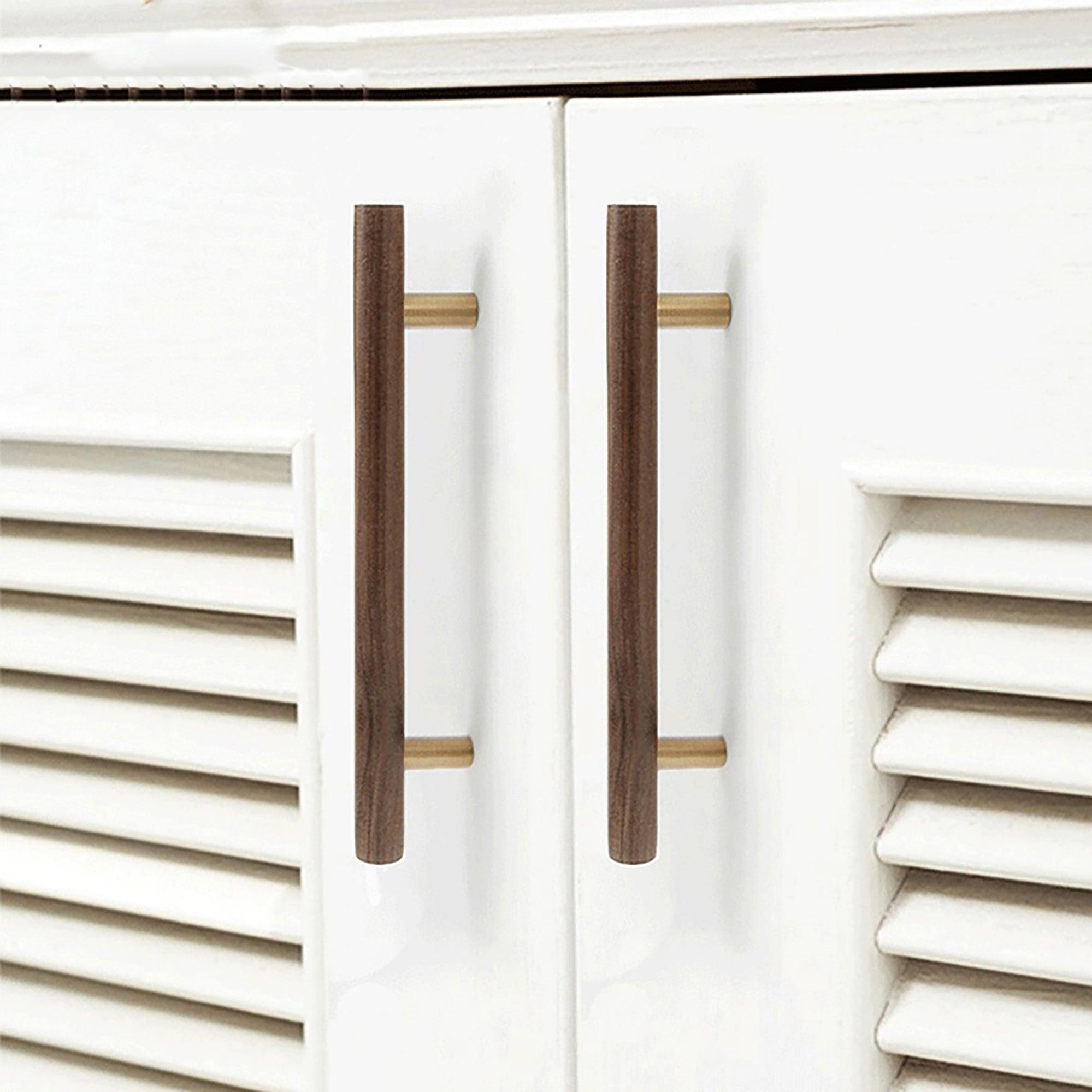 Tudor Handle W-0007 in walnut & brass, sizes 70–392mm, for main doors, wardrobes, cabinets, furniture & almirahs—by Mantara.