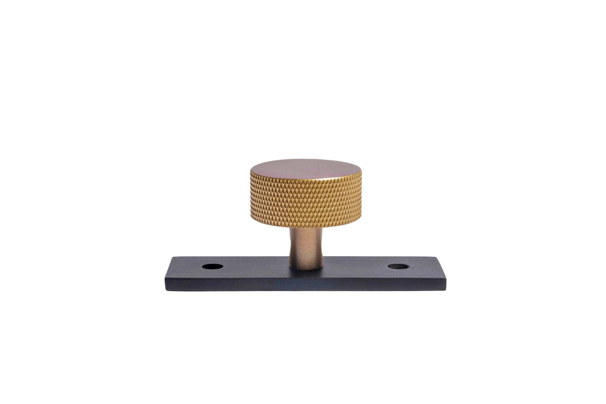 The Mantara B-0118 is a modern brass knob in gold with a black stabiliser base, ideal for kitchen and dresser drawers.