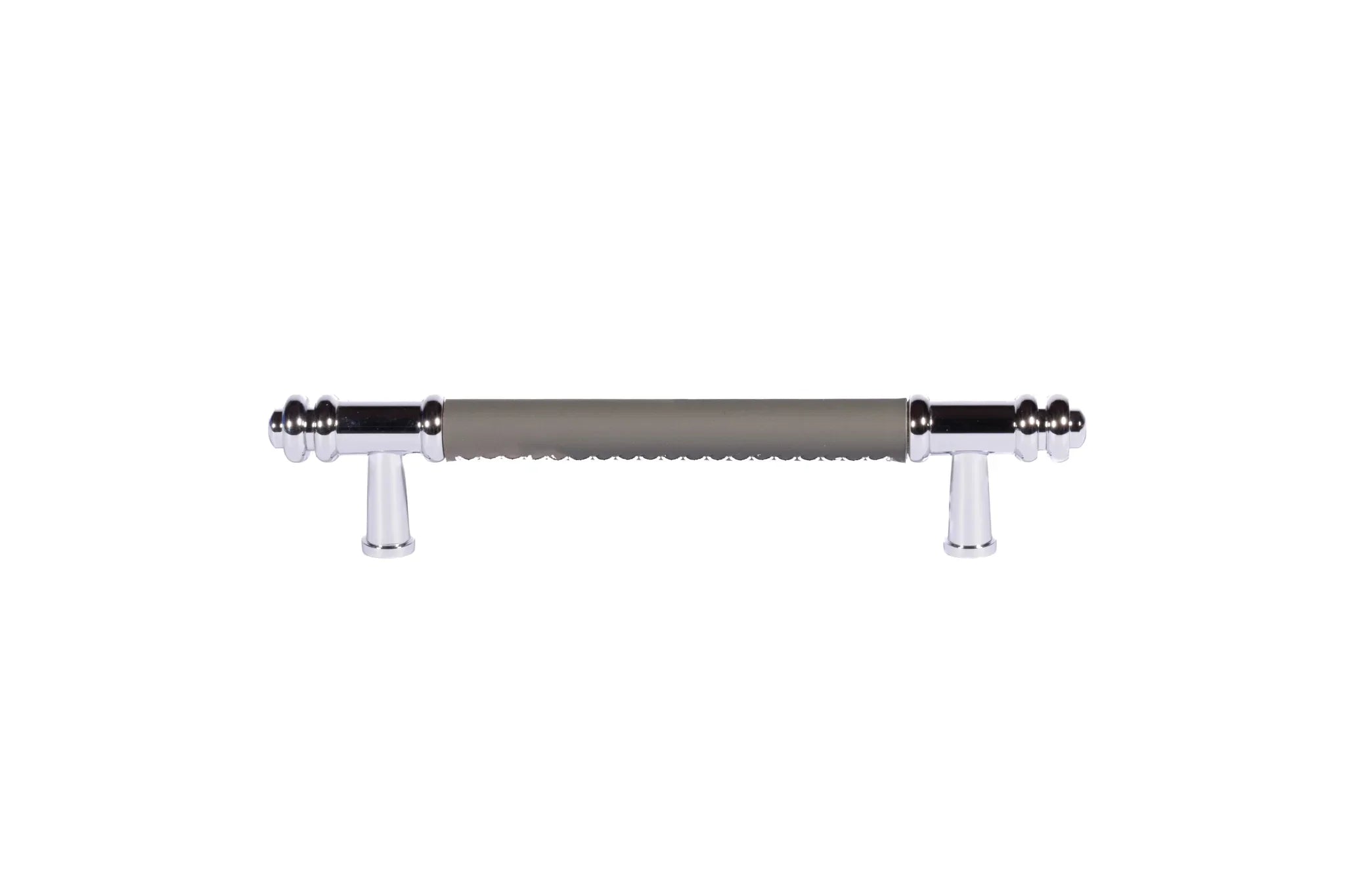 The Mantara L-0013 is a modern brass + leather handle in grey, ideal for kitchen drawers, dressers, and cabinets.