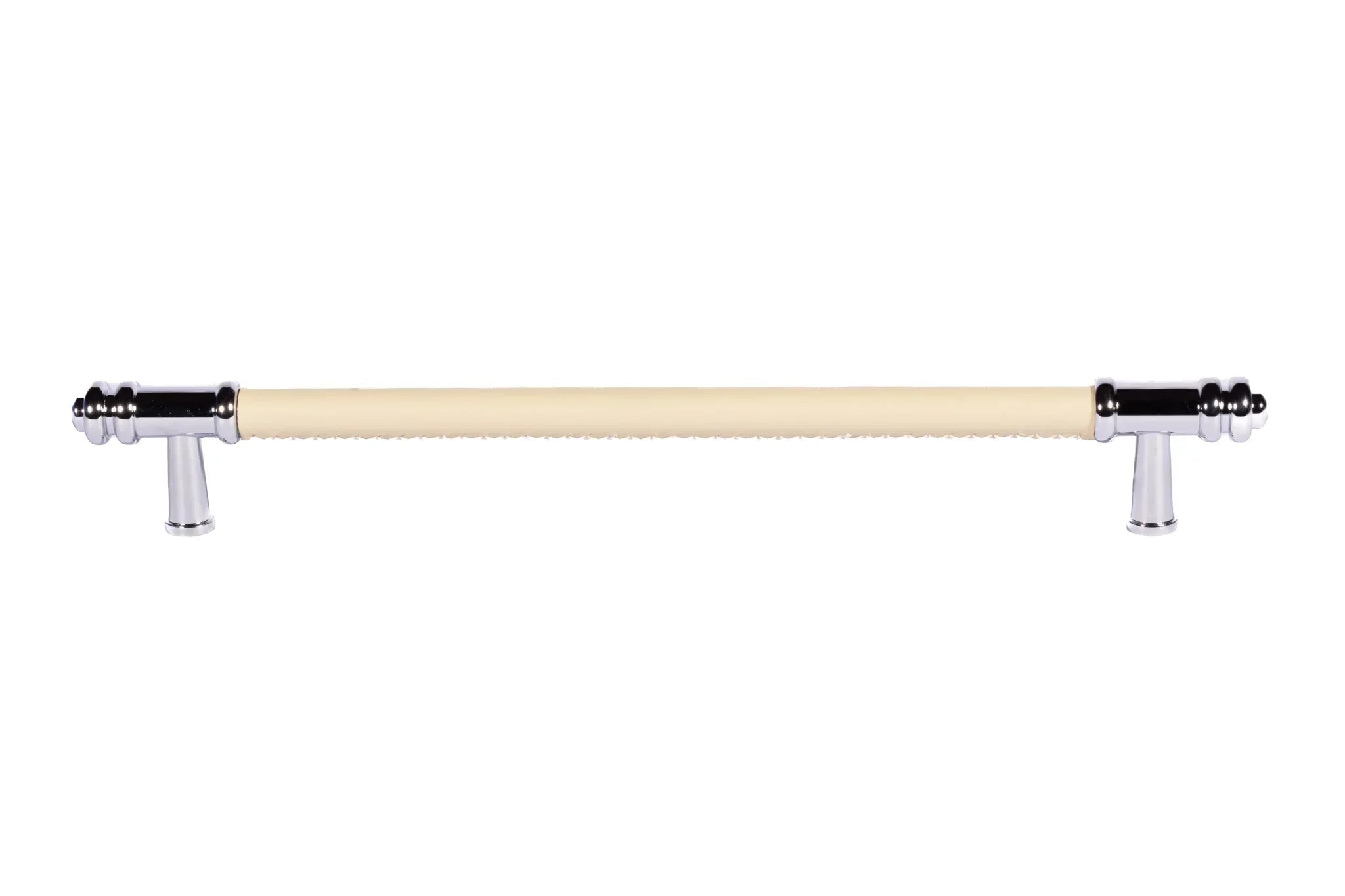 The Mantara L-0013 is a modern brass + leather handle in yellow, ideal for kitchen drawers, dressers, and cabinets.