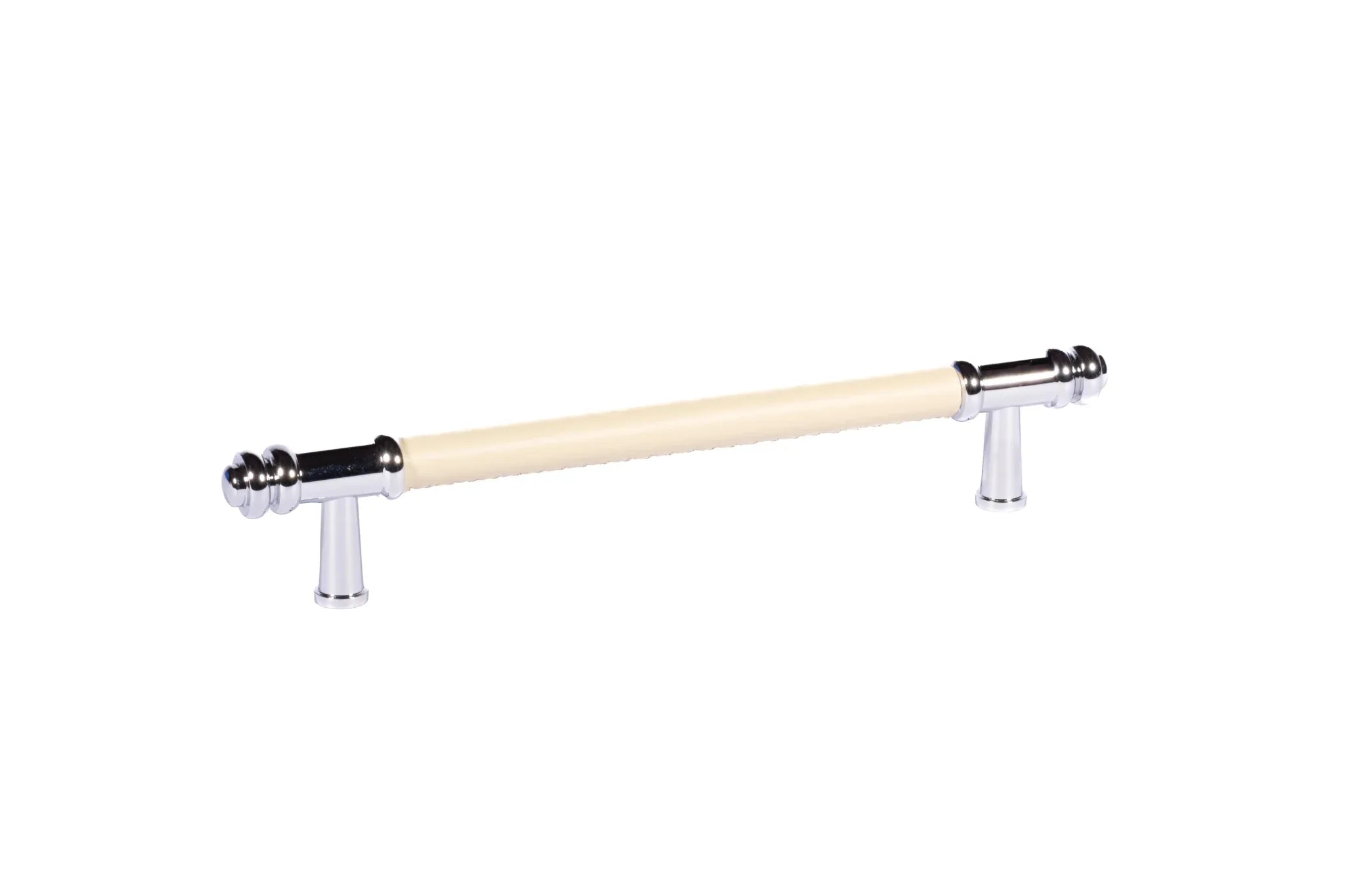 The Mantara L-0013 is a modern brass + leather handle in yellow, ideal for kitchen drawers, dressers, and cabinets.