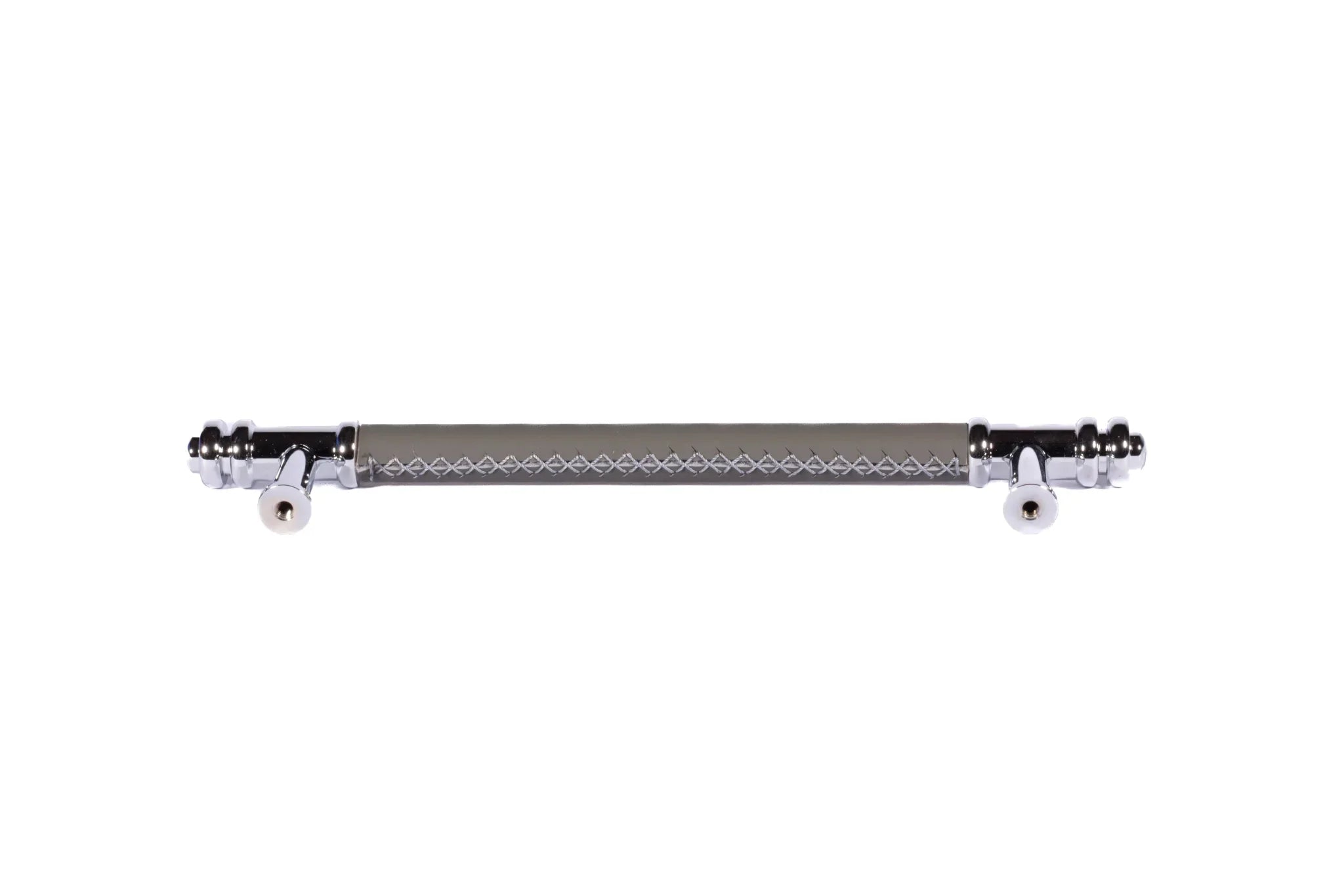 The Mantara L-0013 is a modern brass + leather handle in grey, ideal for kitchen drawers, dressers, and cabinets.