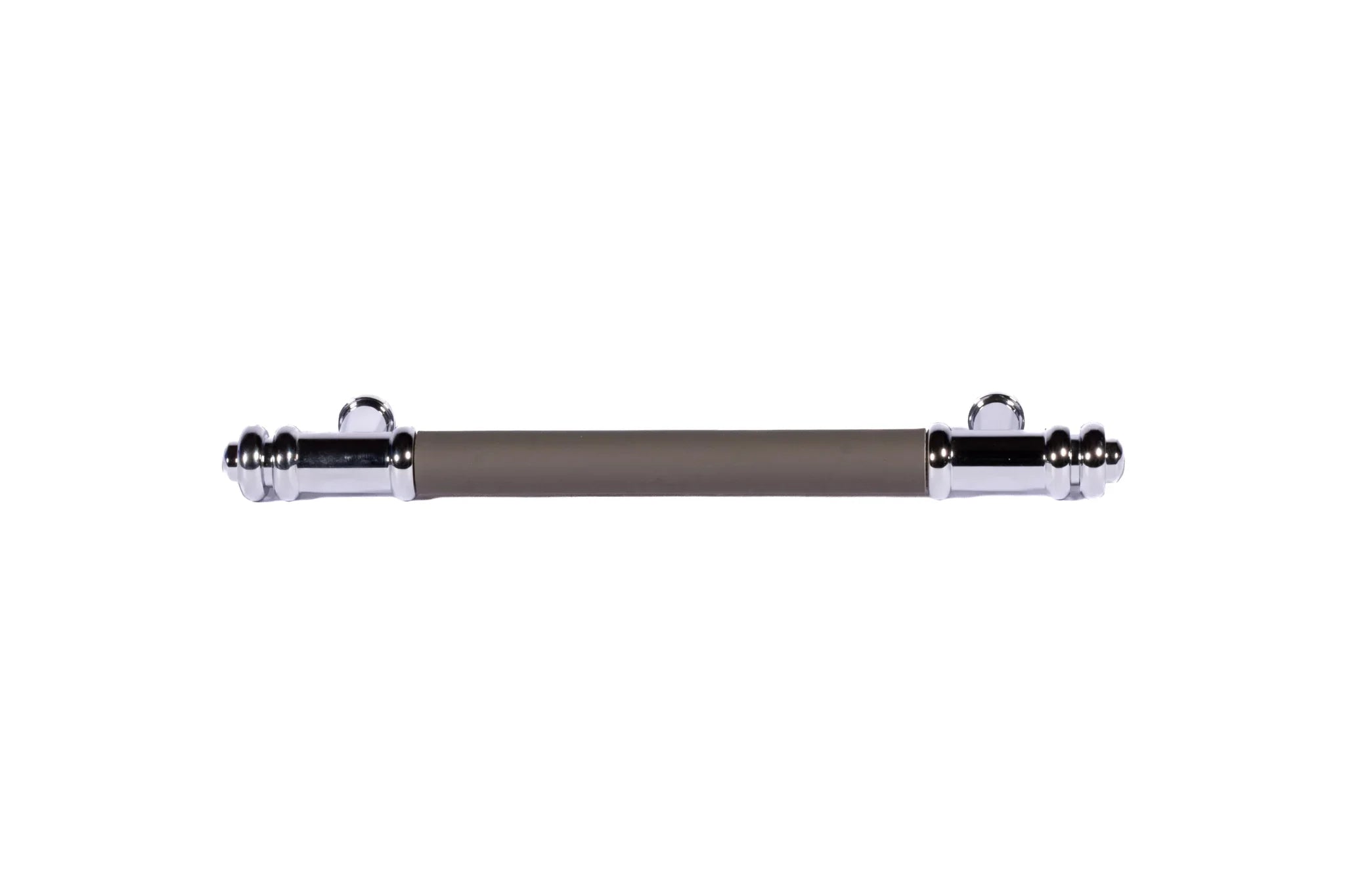 The Mantara L-0013 is a modern brass + leather handle in grey, ideal for kitchen drawers, dressers, and cabinets.