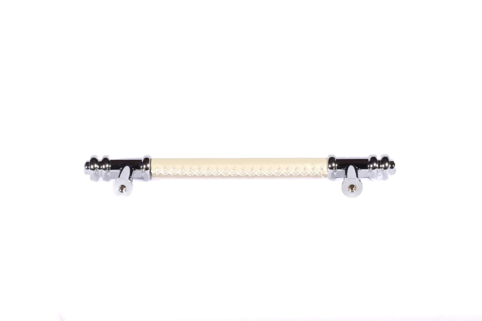 The Mantara L-0013 is a modern brass + leather handle in yellow, ideal for kitchen drawers, dressers, and cabinets.