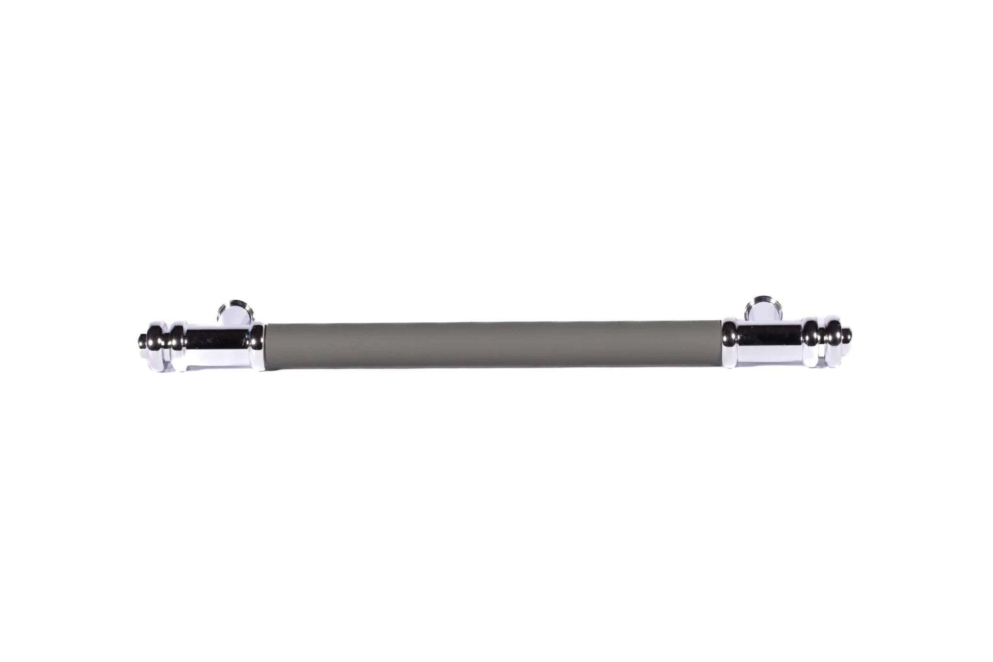 The Mantara L-0013 is a modern brass + leather handle in grey, ideal for kitchen drawers, dressers, and cabinets.