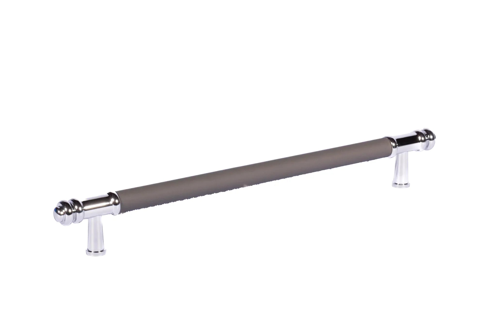 The Mantara L-0013 is a modern brass + leather handle in grey, ideal for kitchen drawers, dressers, and cabinets.