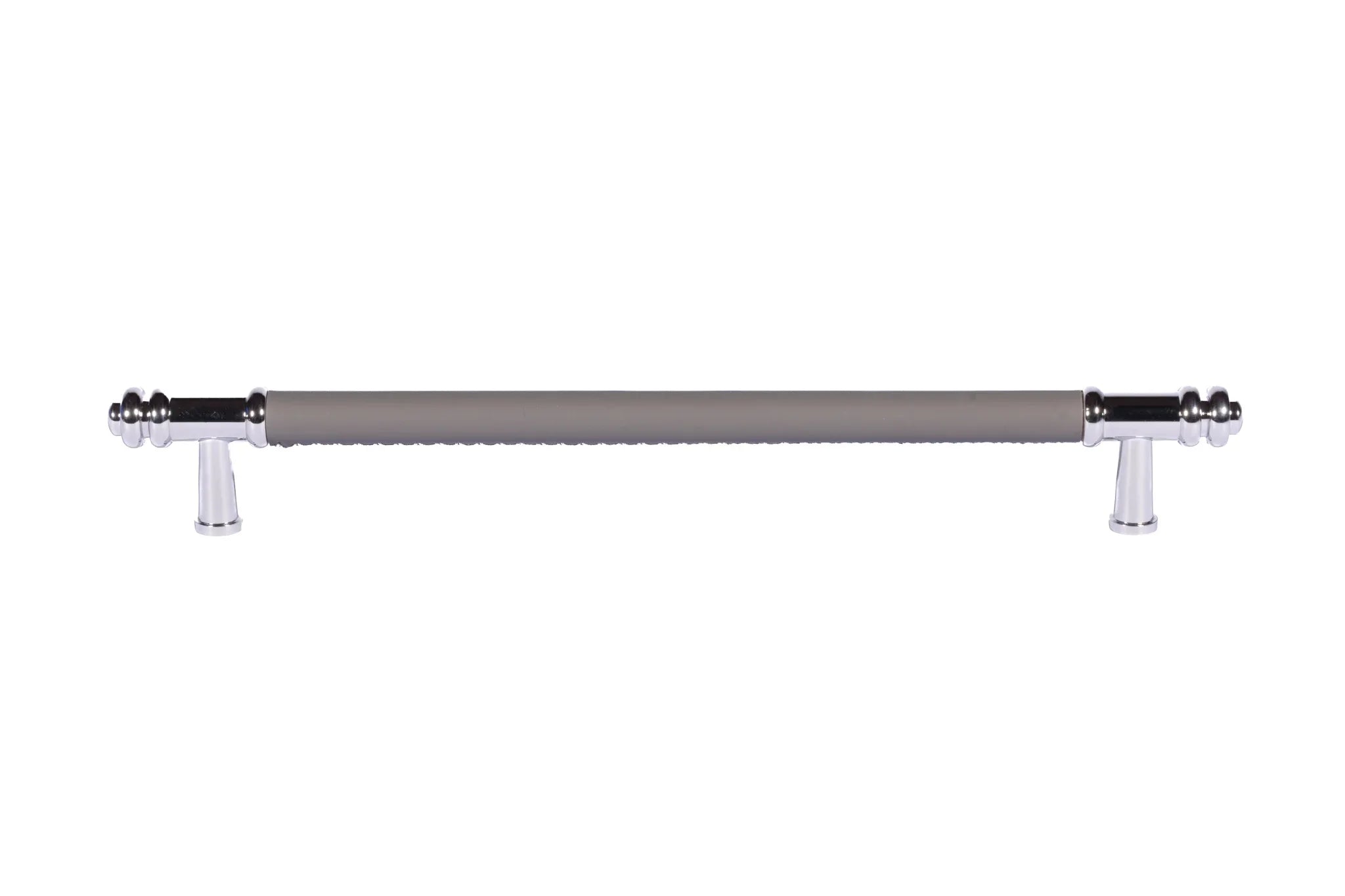 The Mantara L-0013 is a modern brass + leather handle in grey, ideal for kitchen drawers, dressers, and cabinets.
