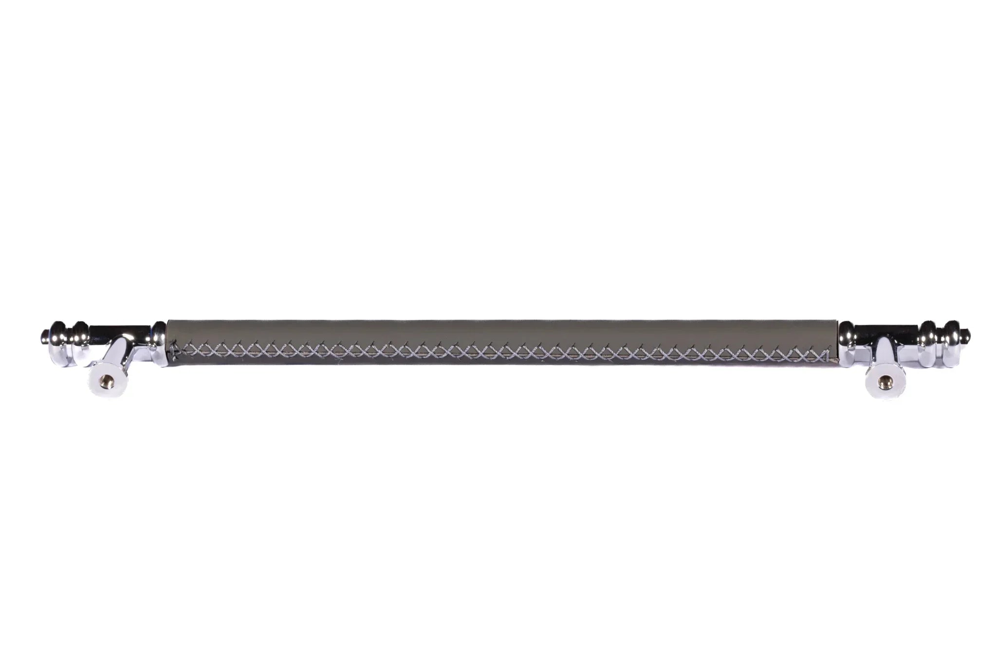 The Mantara L-0013 is a modern brass + leather handle in grey, ideal for kitchen drawers, dressers, and cabinets.