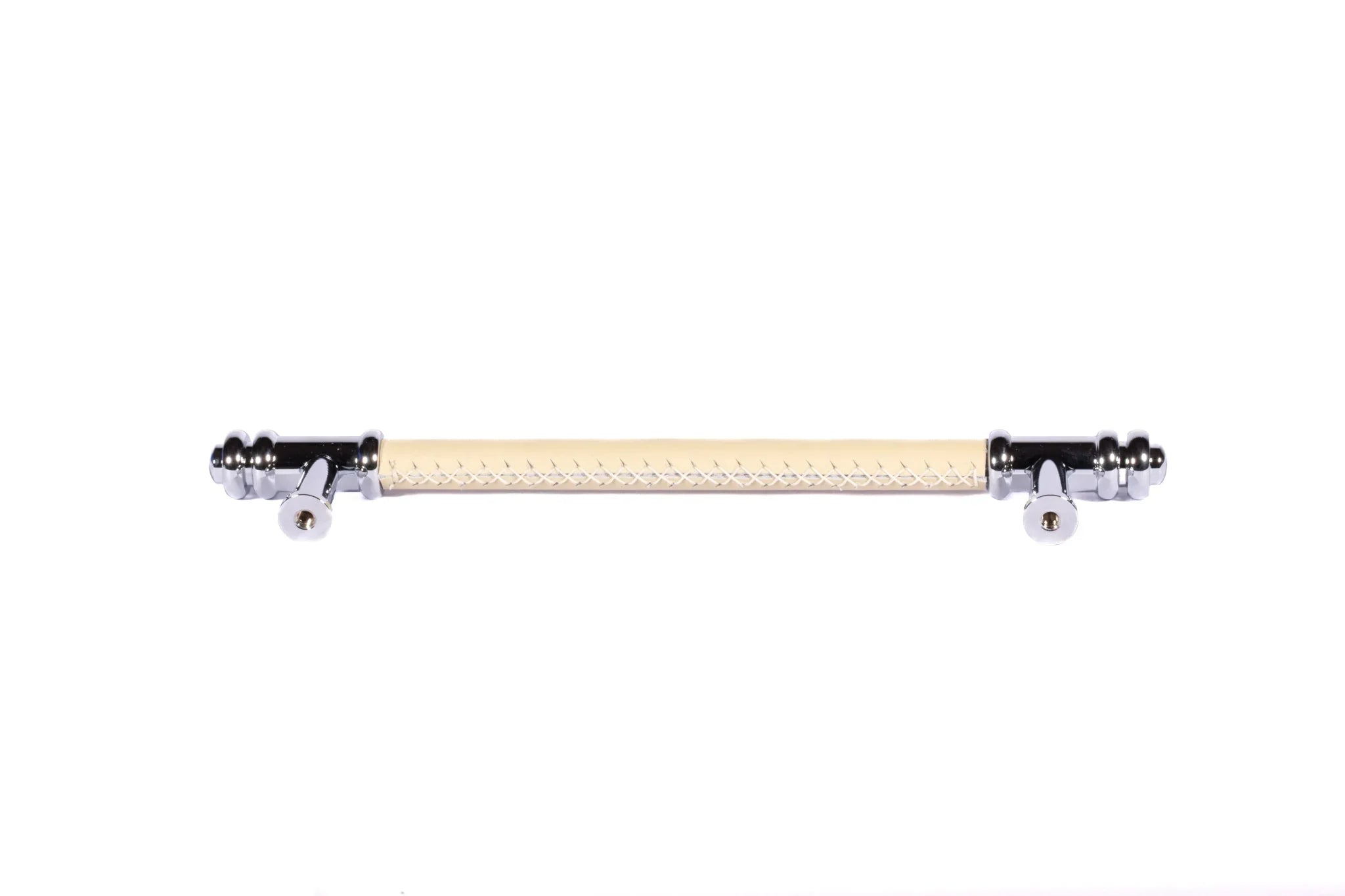 The Mantara L-0013 is a modern brass + leather handle in yellow, ideal for kitchen drawers, dressers, and cabinets.