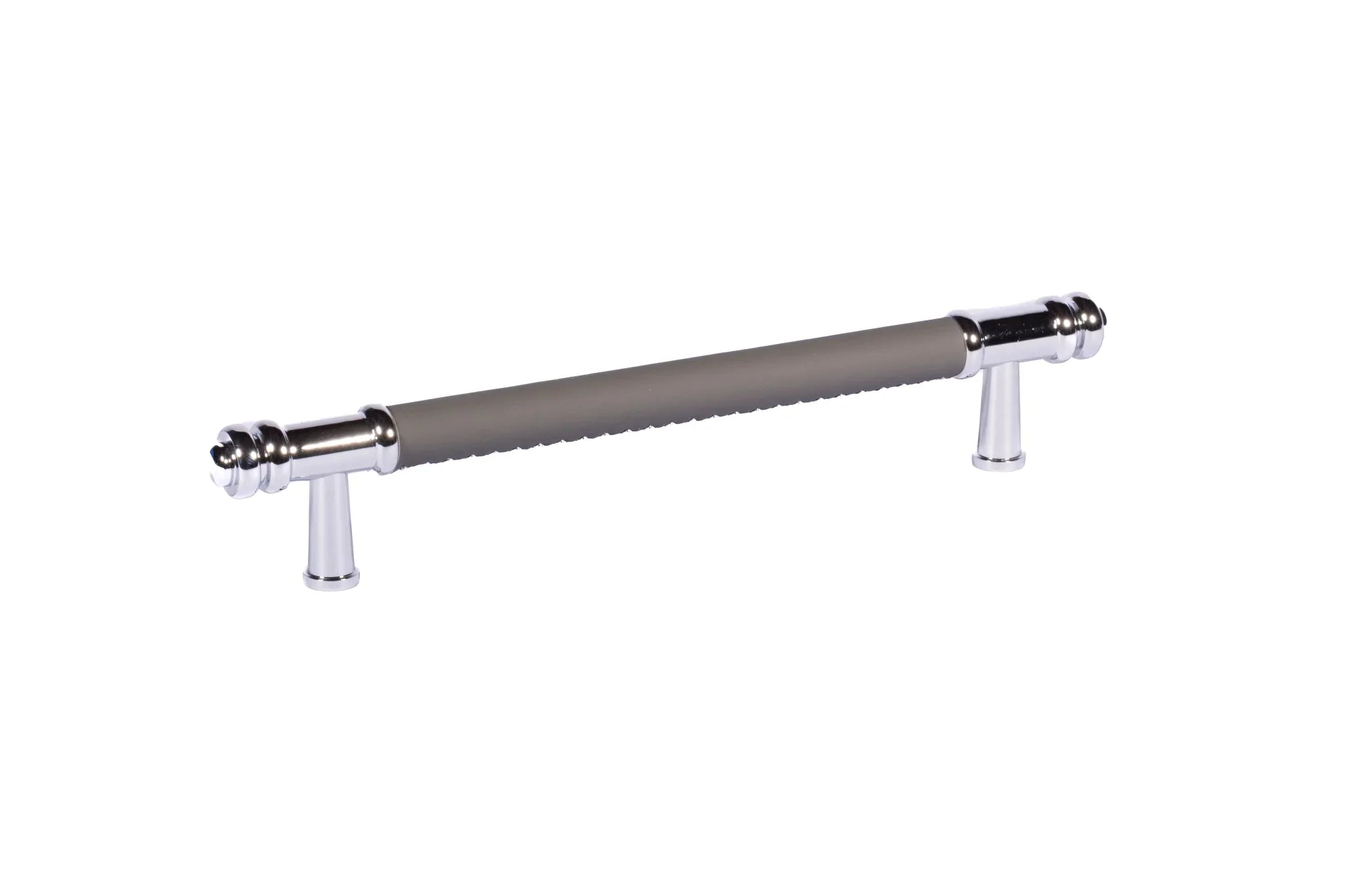 The Mantara L-0013 is a modern brass + leather handle in grey, ideal for kitchen drawers, dressers, and cabinets.