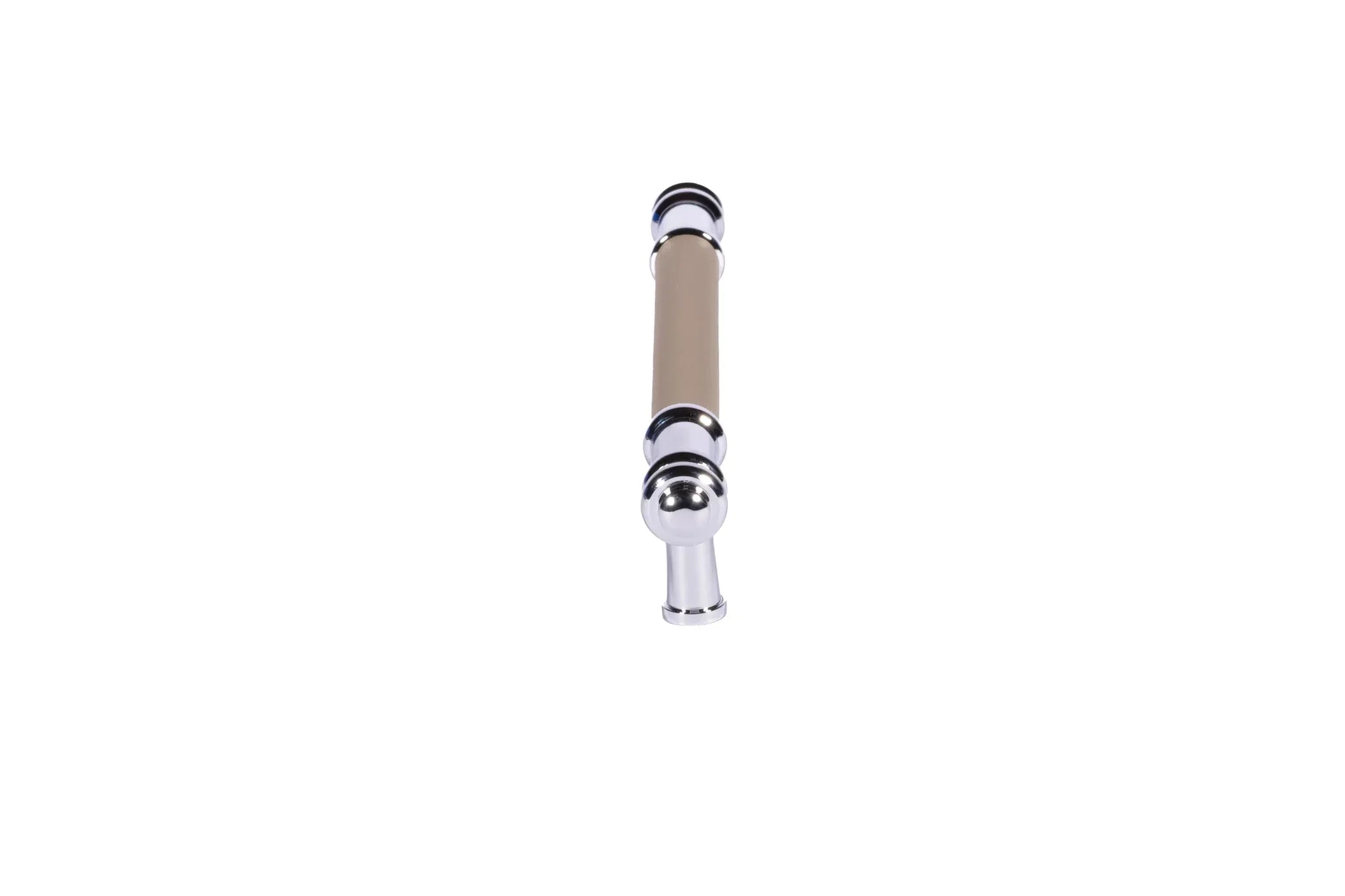 The Mantara L-0013 is a modern brass + leather handle in grey, ideal for kitchen drawers, dressers, and cabinets.