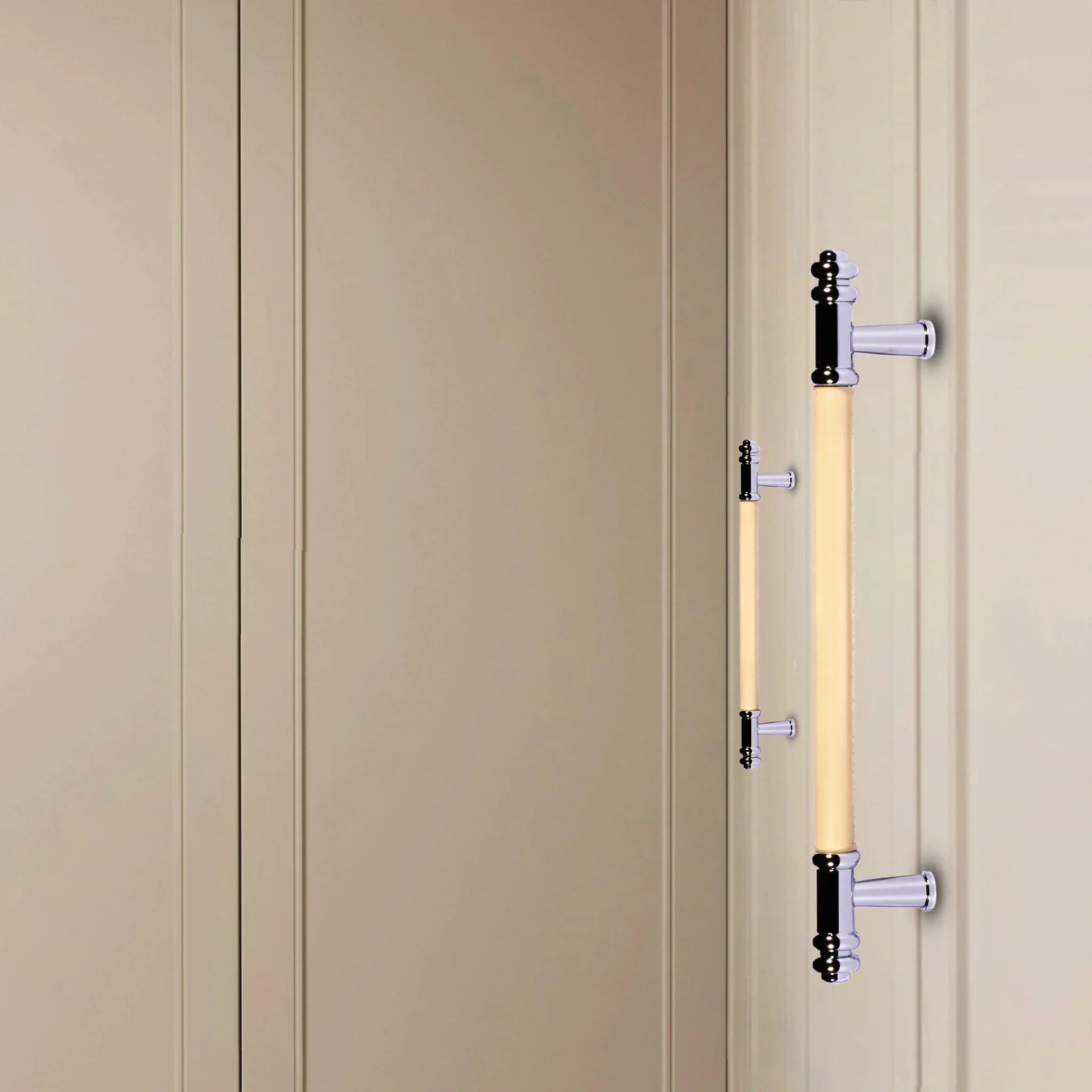 The Mantara L-0013 is a modern brass + leather handle in yellow, ideal for kitchen drawers, dressers, and cabinets.