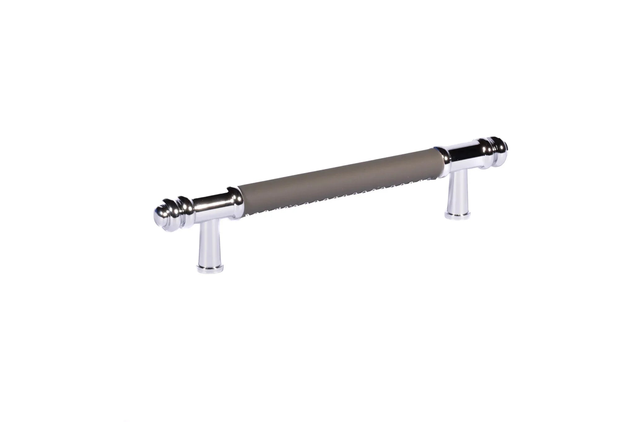 The Mantara L-0013 is a modern brass + leather handle in grey, ideal for kitchen drawers, dressers, and cabinets.
