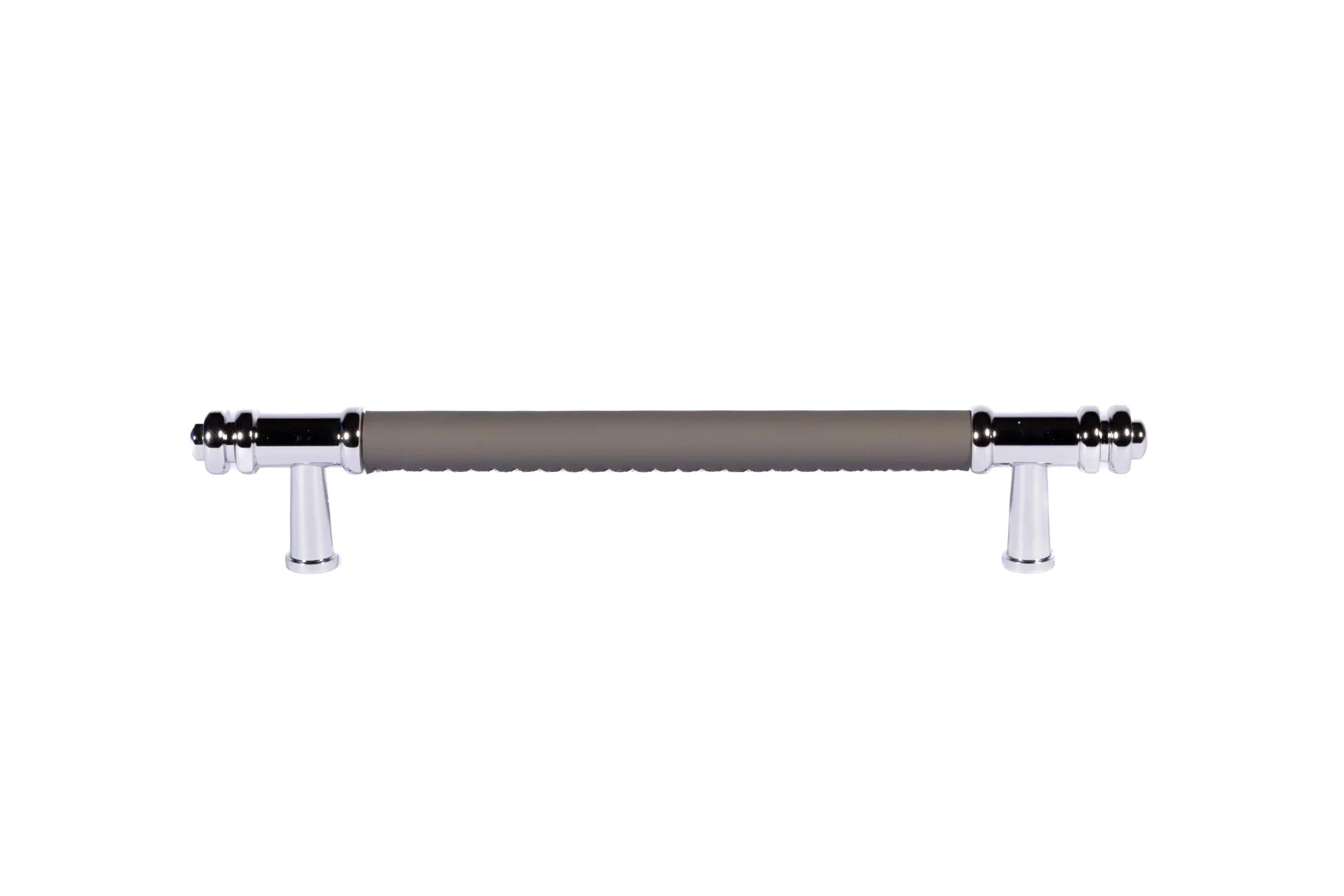 The Mantara L-0013 is a modern brass + leather handle in grey, ideal for kitchen drawers, dressers, and cabinets.