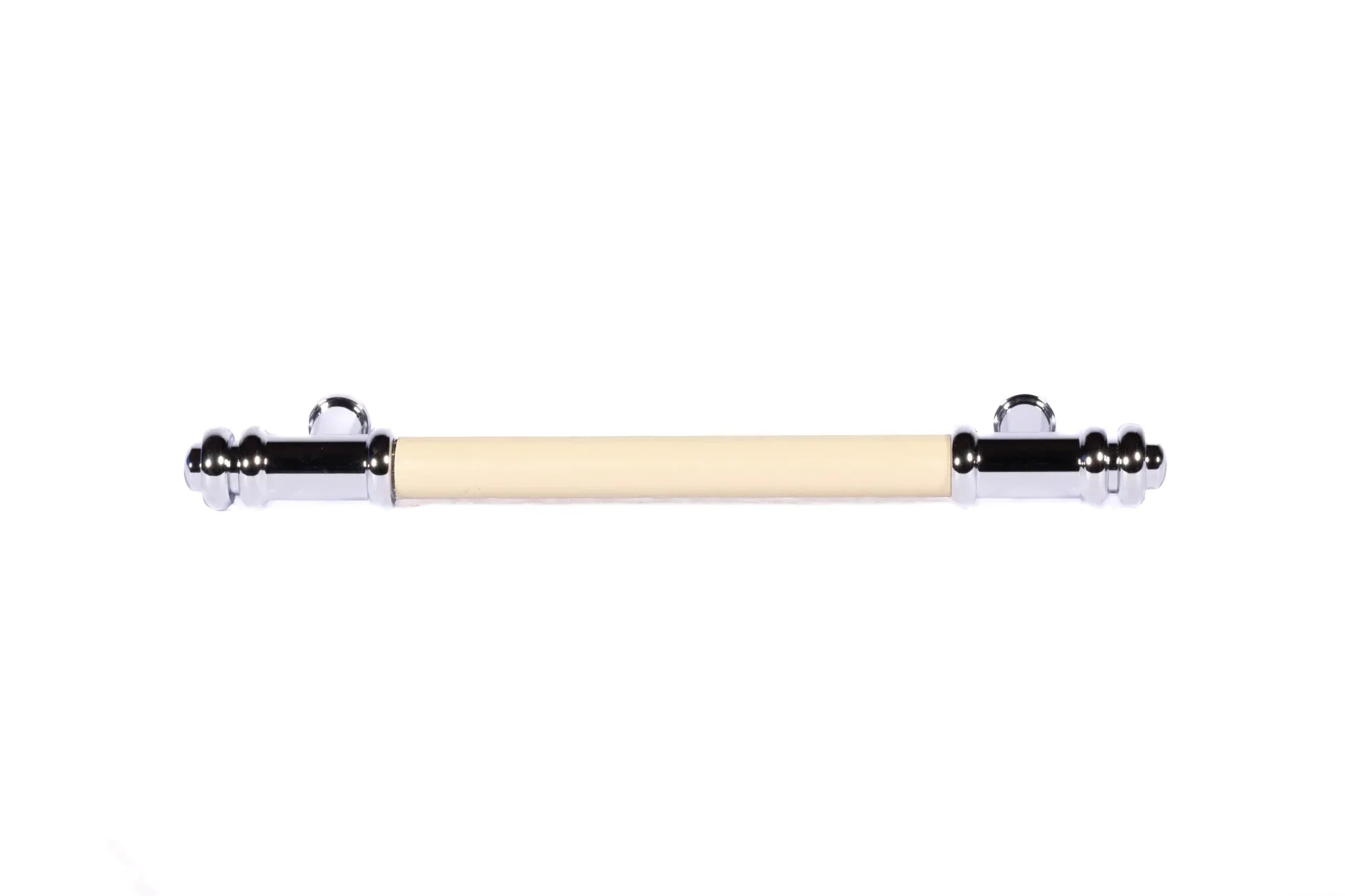 The Mantara L-0013 is a modern brass + leather handle in yellow, ideal for kitchen drawers, dressers, and cabinets.