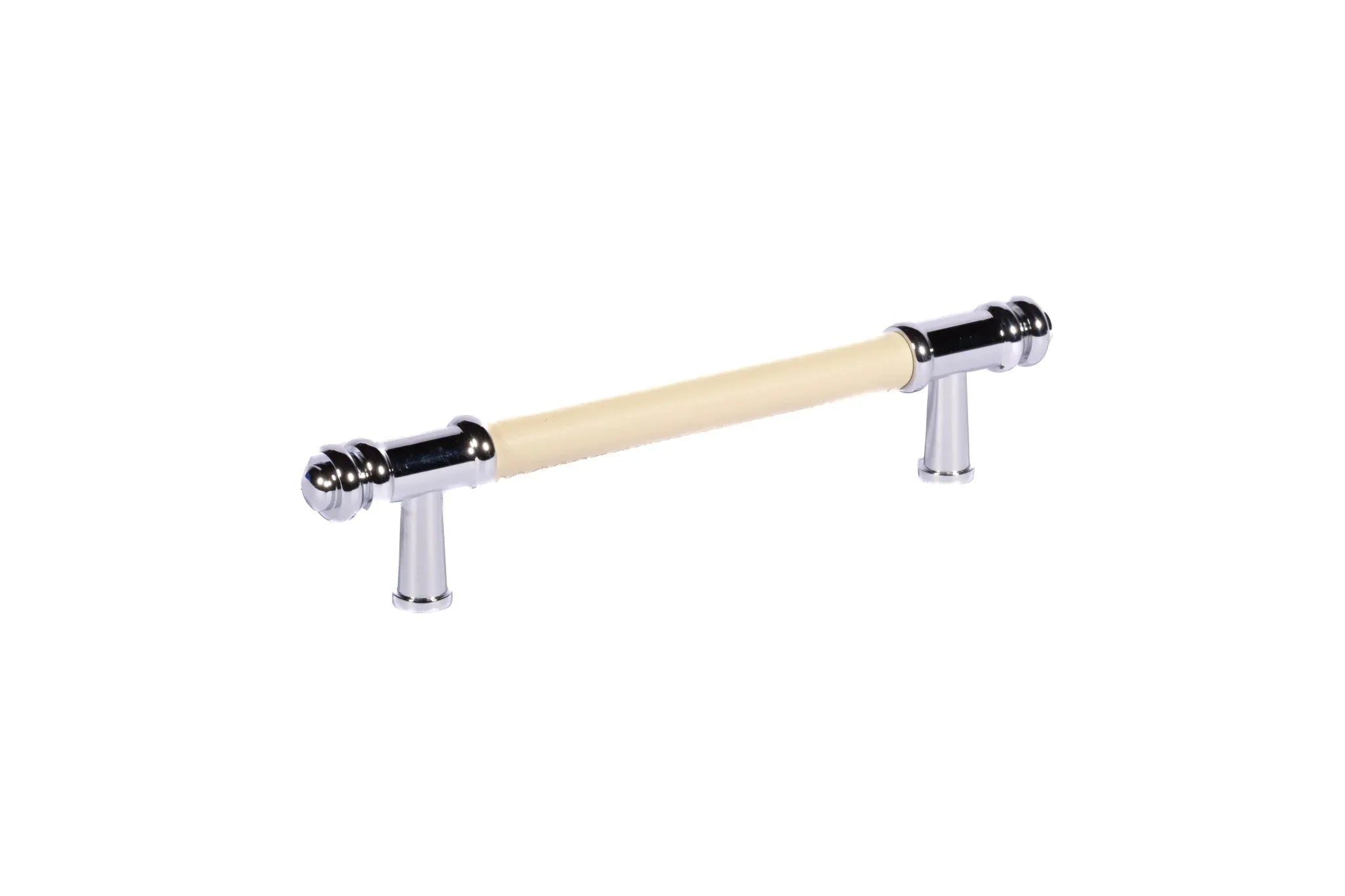 The Mantara L-0013 is a modern brass + leather handle in yellow, ideal for kitchen drawers, dressers, and cabinets.