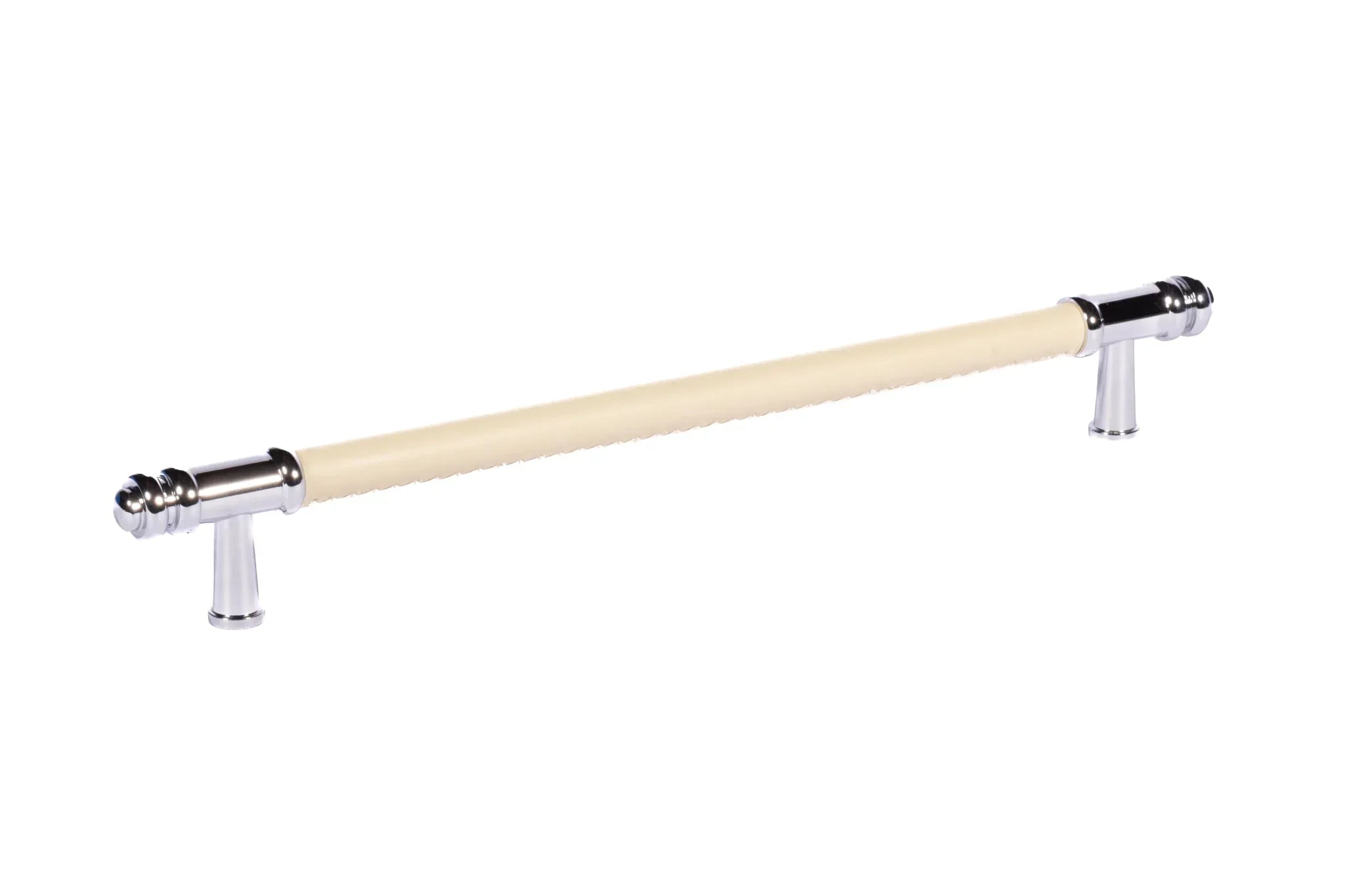 The Mantara L-0013 is a modern brass + leather handle in yellow, ideal for kitchen drawers, dressers, and cabinets.