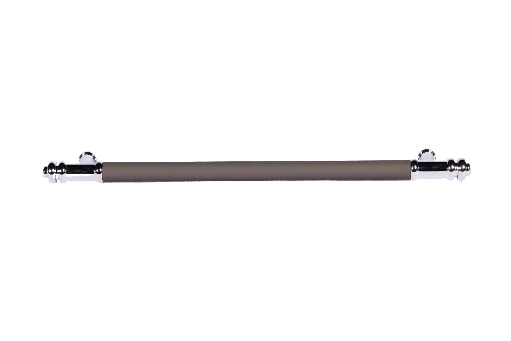 The Mantara L-0013 is a modern brass + leather handle in grey, ideal for kitchen drawers, dressers, and cabinets.