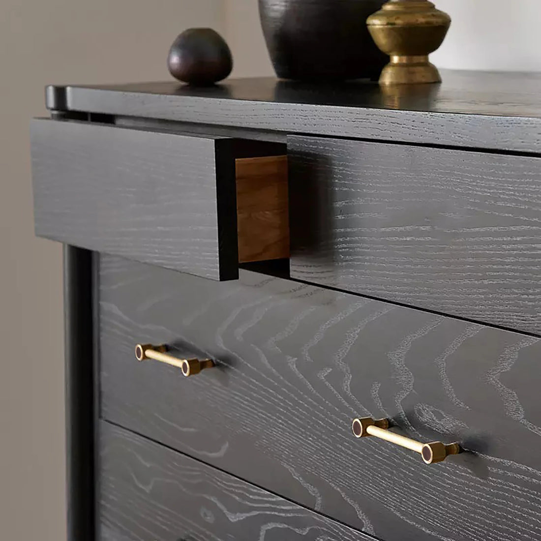 Cabinet pull handle, brass and wood, brown &amp; gold brushed finish, Mantara, Oriana Handle W-0015, elegant for furniture and wardrobes.