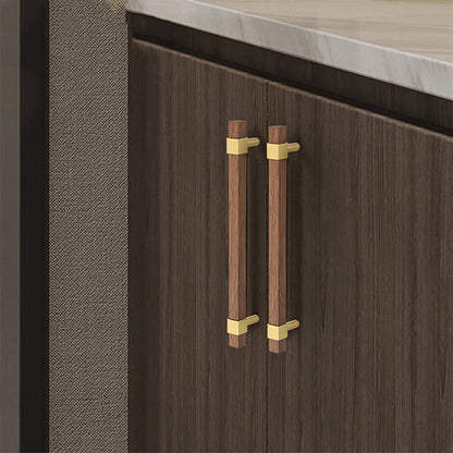 Ebonex Handle W-0009 in brushed brass &amp; walnut, sizes 70–391mm, suits doors, cabinets &amp; wardrobes—by Mantara.