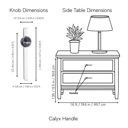 The Mantara C-0027 Calyx Handle is a modern crystal handle in silver and purple, ideal for cabinets, wardrobes, and drawers.