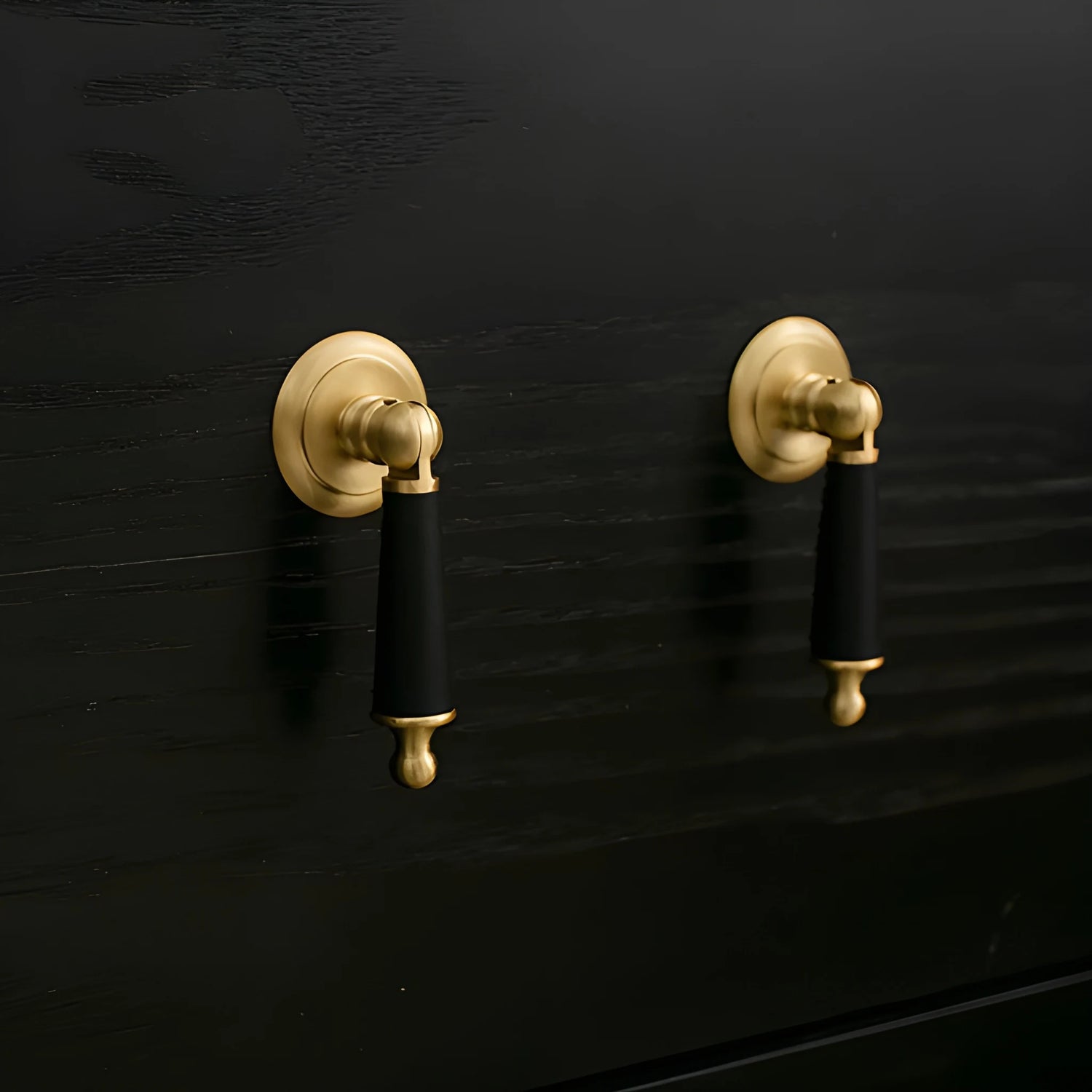 Leather and brass drop knob in brown finish by Mantara, model Austere Drop Knob with  L-0009.