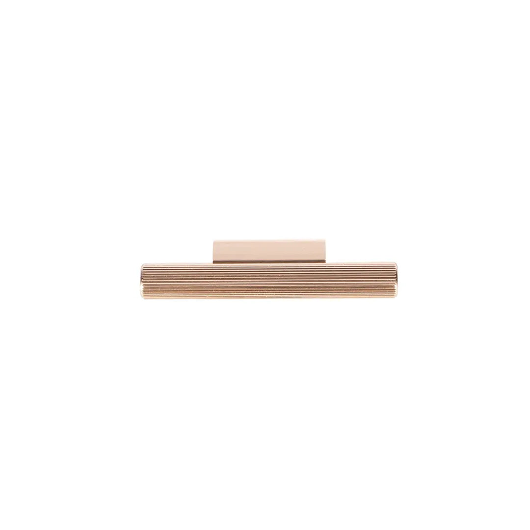 A pair of modern, minimalist cabinet pulls in a brushed rose gold finish, shown against a solid white background.