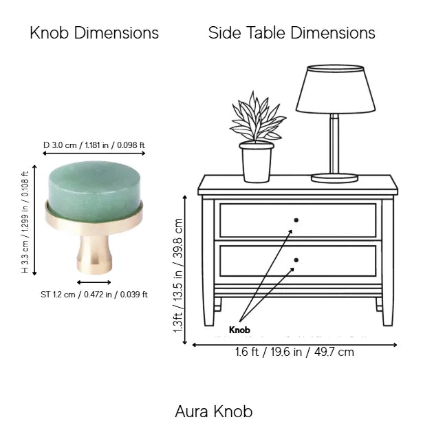 A dimension diagram showing the Aura Knob with labeled measurements for knob dimensions and side table dimensions, including a line drawing of a side table with a lamp and plant.