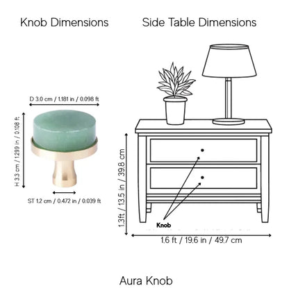 A dimension diagram showing the Aura Knob with labeled measurements for knob dimensions and side table dimensions, including a line drawing of a side table with a lamp and plant.