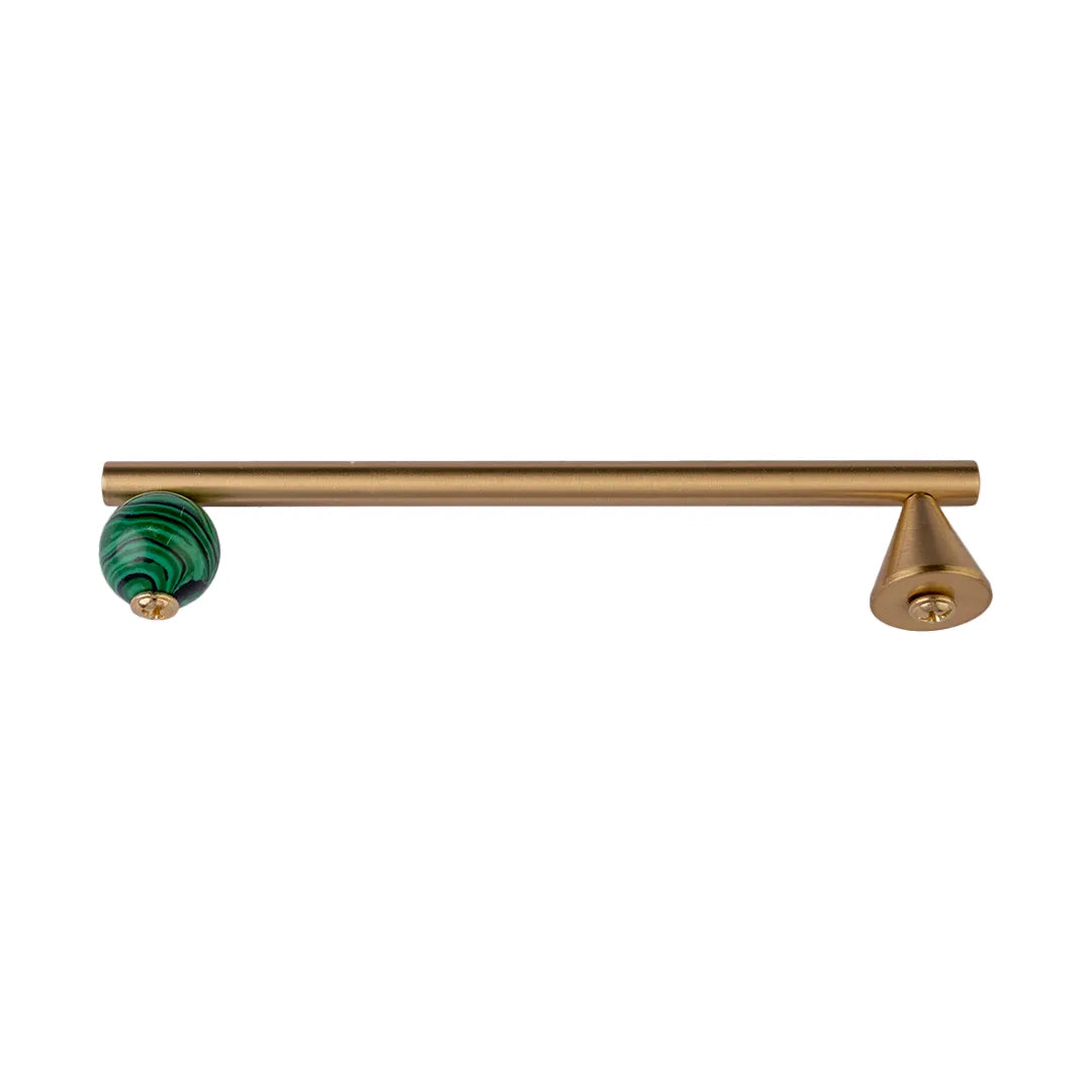A modern brass towel bar featuring a decorative green malachite stone sphere on one end and a conical finial on the other, set against a plain white background.