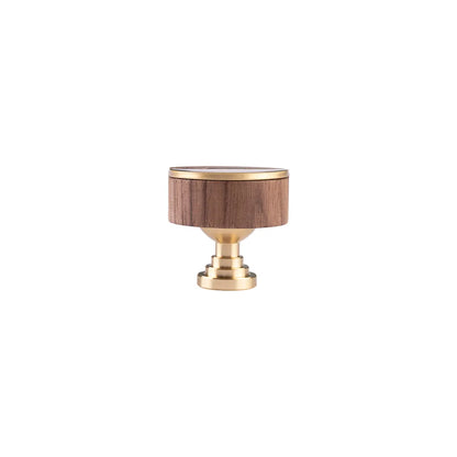 A cabinet knob with a round dark brown wood inlay and polished brass base, centered on a plain white background.