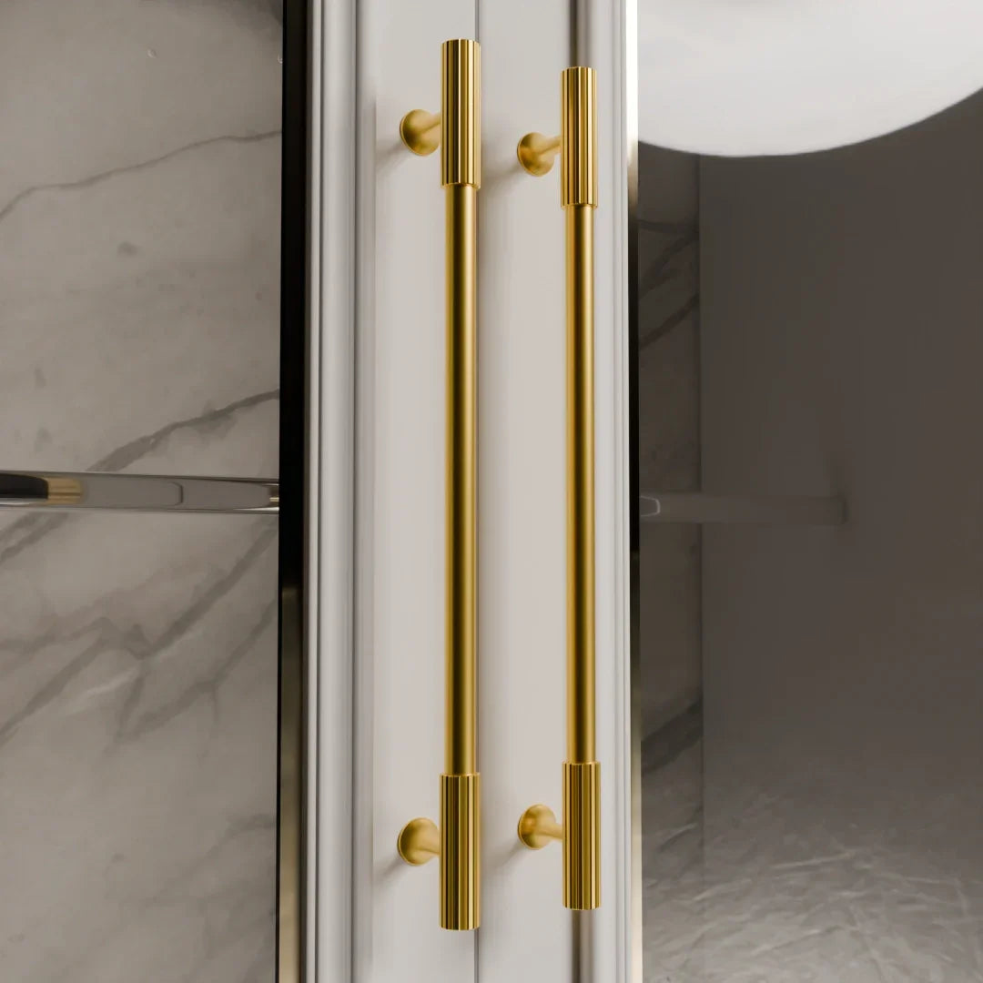 The Mantara B-0051 Oro handle is a modern brass Handle in polished gold perfect for doors, drawers, and cabinets.