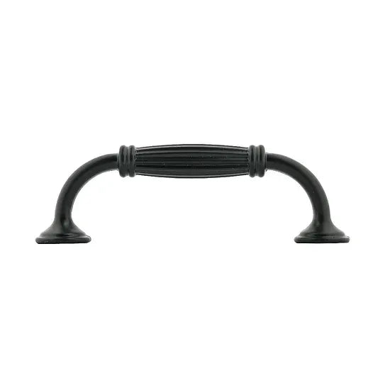A single black cabinet pull handle with a curved, ribbed grip and flared ends, shown against a plain white background.