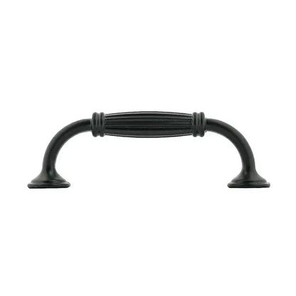 A single black cabinet pull handle with a curved, ribbed grip and flared ends, shown against a plain white background.