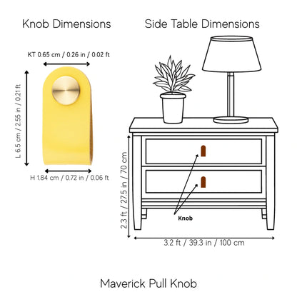 The Mantara L-0001 Maverick Pull Knob is a Nordic leather and brass knob in yellow, ideal for kitchens and furniture.