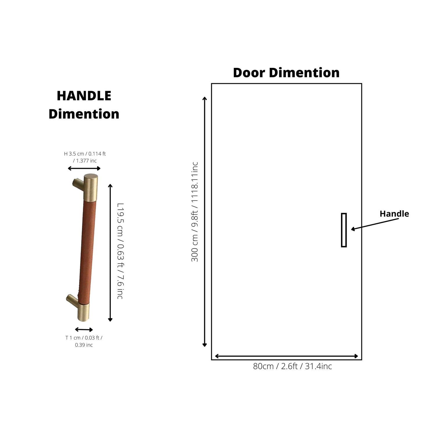 The Mantara L-0005 Sleek Leather Handle is a modern brass and leather handle in brown, ideal for wardrobes, drawers, and cabinets.