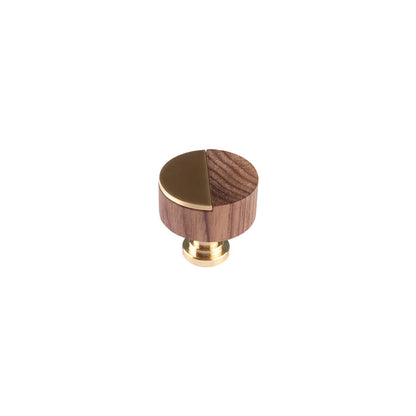 A small round brass and wooden knob  shown on a plain white background.
