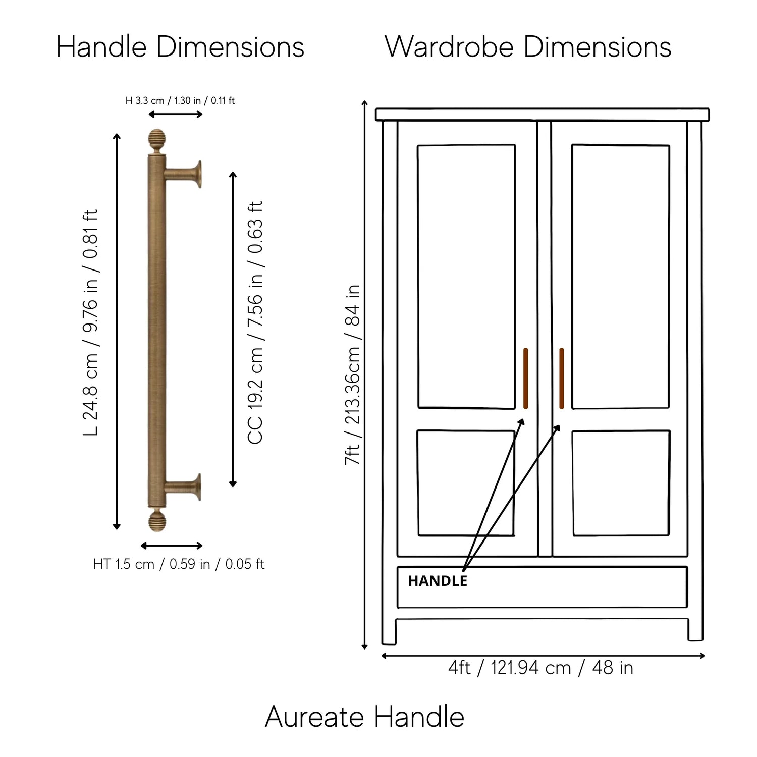 Aureate Handle B-0122 modern brass knob with handle, brushed bronze finish, sizes 55mm–380mm, for kitchen drawers &amp; wardrobe shutters by Mantara