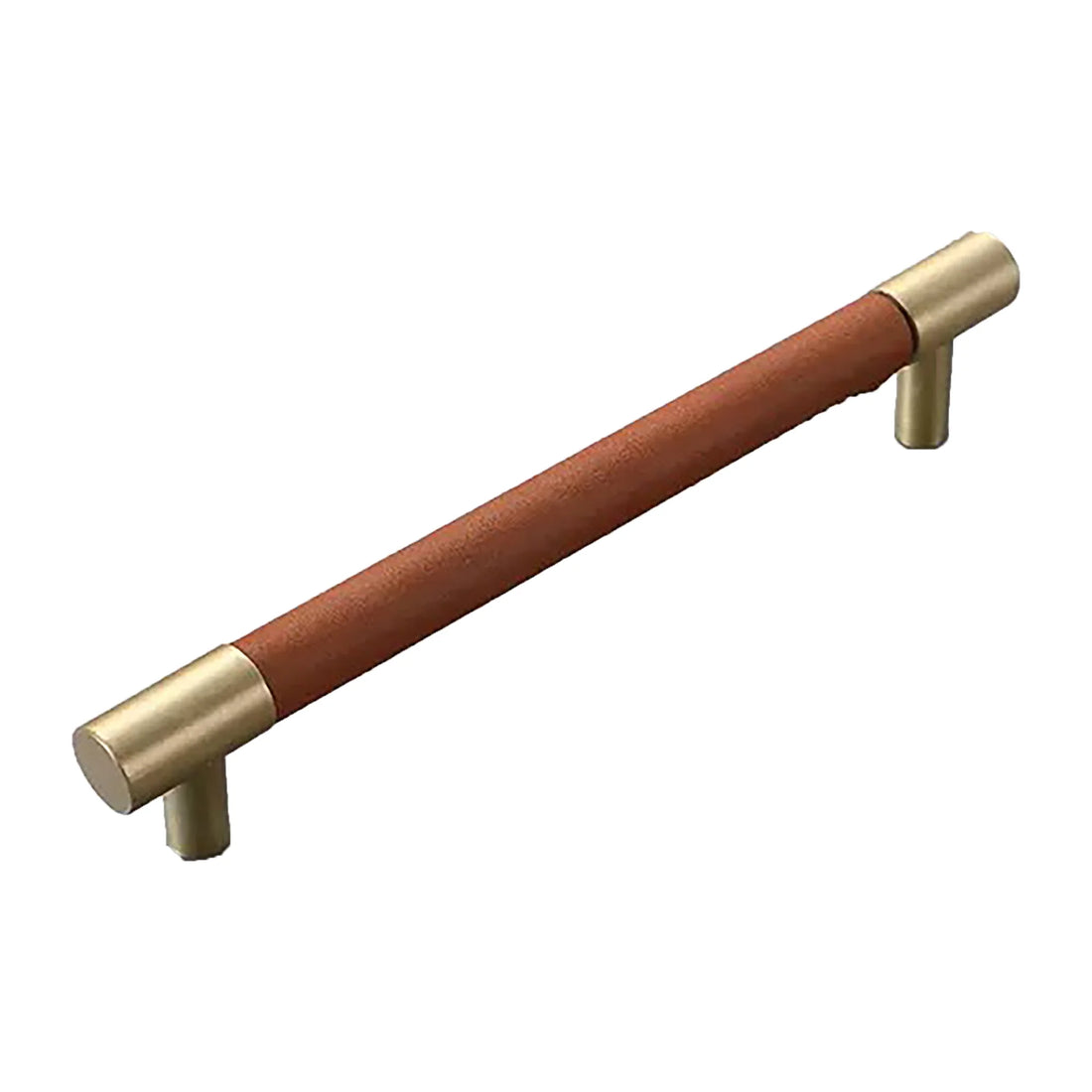 The Mantara L-0005 Sleek Leather Handle is a modern brass and leather handle in brown, ideal for wardrobes, drawers, and cabinets.
