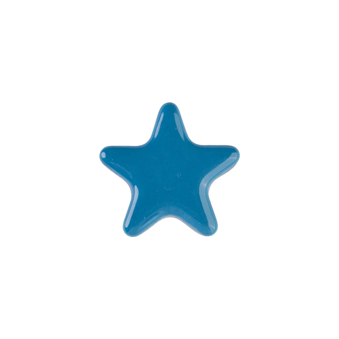 A glossy, five-pointed star-shaped  in a vibrant teal blue color, centered on a plain white background.