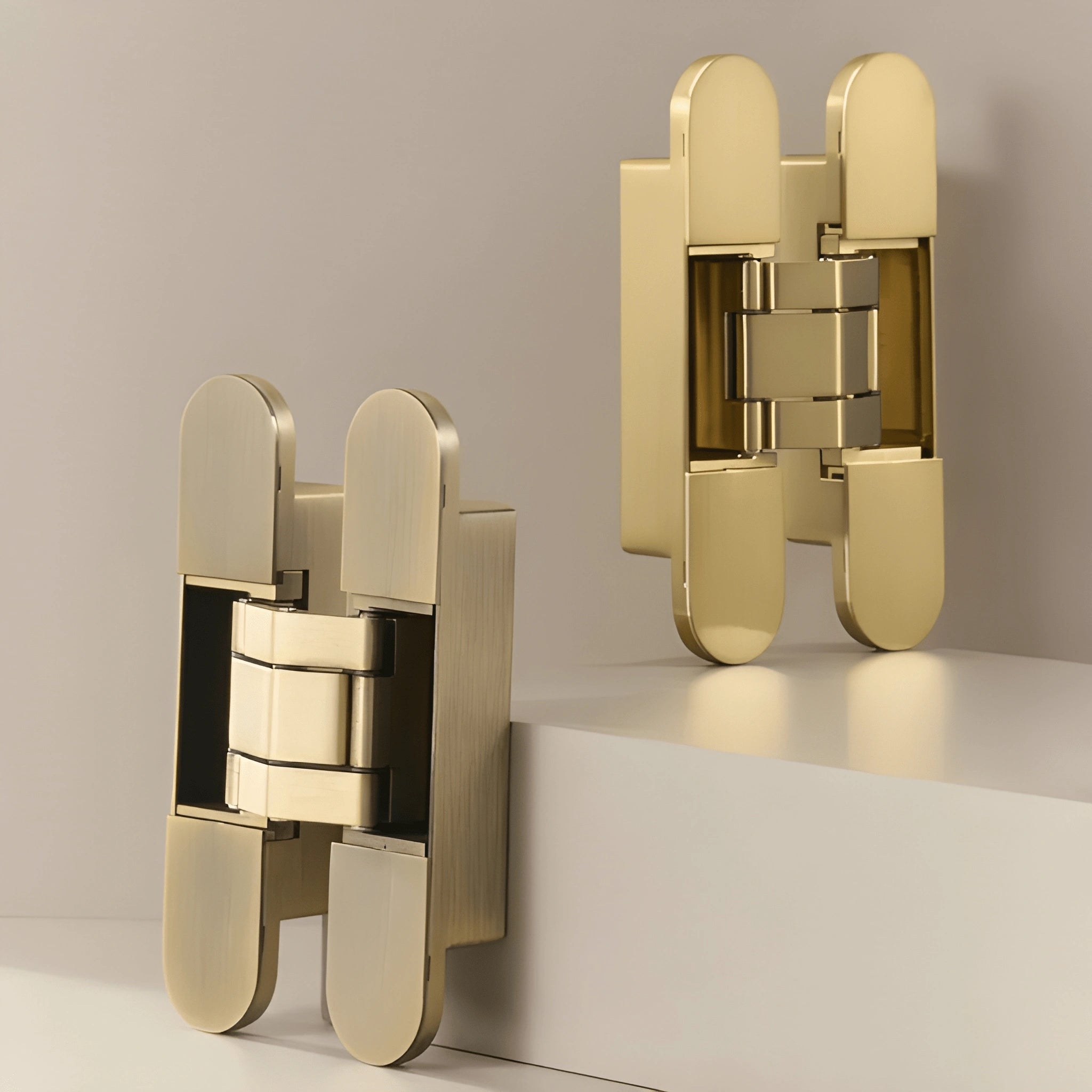 Mantara Prisma Hinge  HNG-006 is a modern brass hinge in brushed finish, ideal for cabinets, drawers, and furniture.