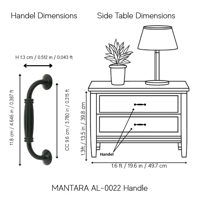 A black metal cabinet pull handle shown with dimension callouts and a side table illustration. The left panel shows the handle itself labeled H 1.