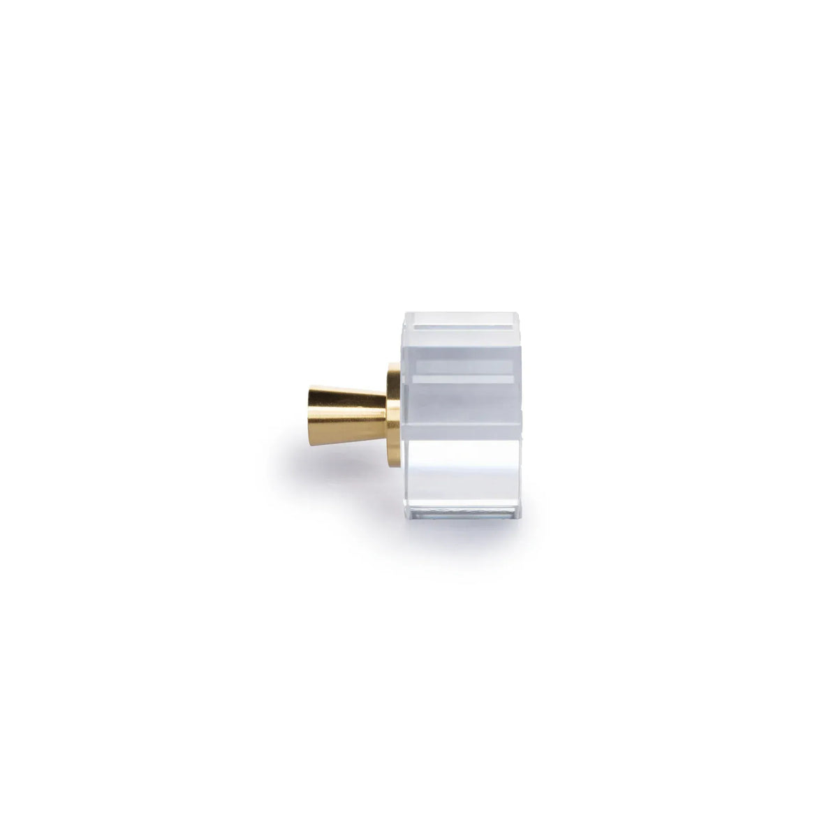 A modern cylindrical cabinet knob with a clear acrylic or glass body and a brushed gold metal base, shown on a plain white background.