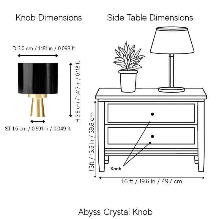 A dimension diagram showing the Abyss Crystal knob and side table measurements. The left side displays the black cylindrical crystal lampshade with a gold metal stem and base, labeled with dimensions D, H, and ST.