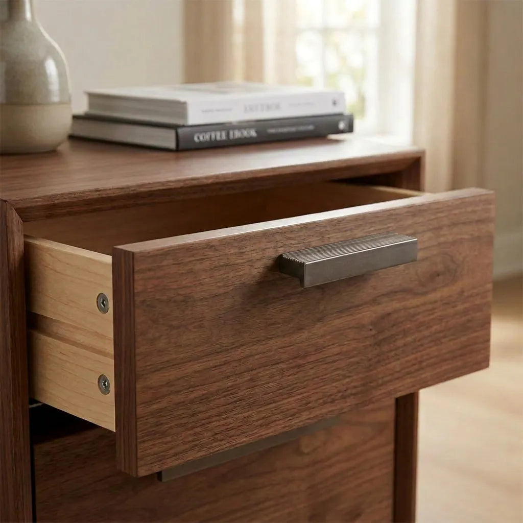 A close-up of a wooden nightstand or drawer with one drawer pulled open, showing a dark brown wood grain finish and a rectangular brushed metal handle. 