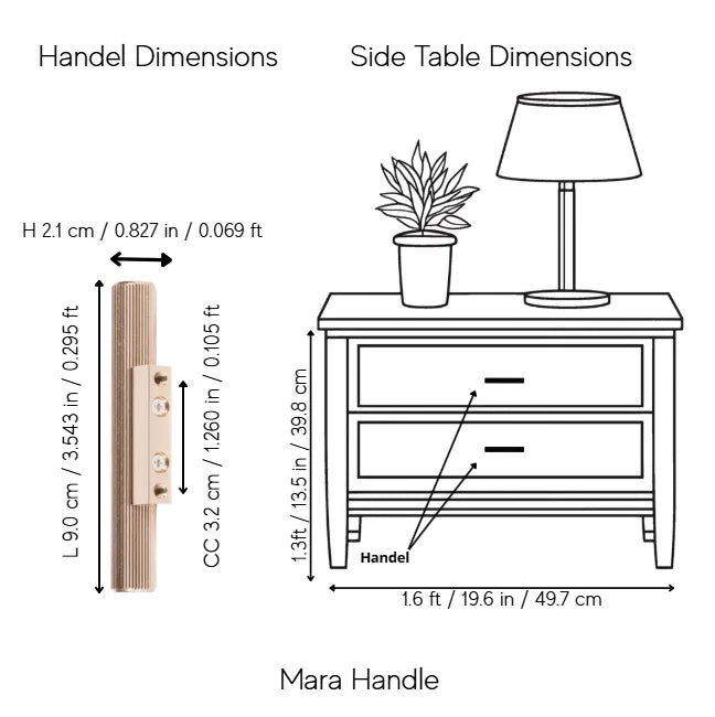 A dimension diagram showing the Mara Handle on the left and side table dimensions on the right, with a line drawing of a nightstand topped with a plant and lamp. Text labels indicate measurements in inches and centimeters.