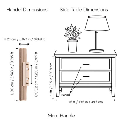 A dimension diagram showing the Mara Handle on the left and side table dimensions on the right, with a line drawing of a nightstand topped with a plant and lamp. Text labels indicate measurements in inches and centimeters.